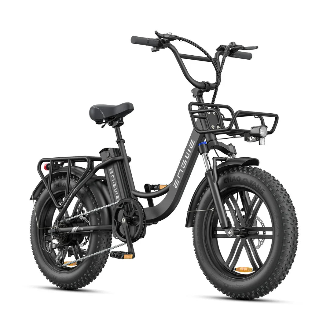 Electric Bike Engwe L20 Boost features a sleek black frame, wide tires, and a front rack for convenience.