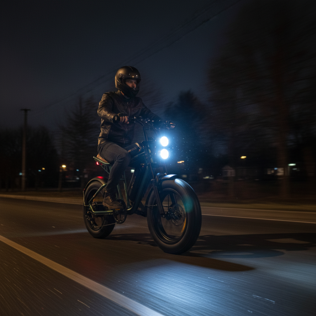 Electric bicycle Engwe M20 – rider on road at night
