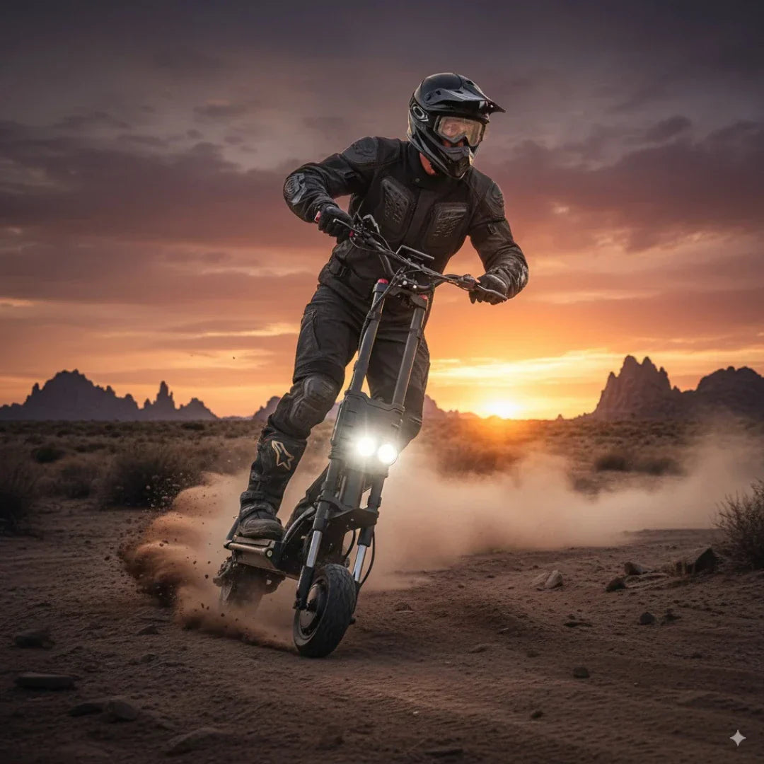 Electric scooter Kaabo Wolf King GTR – rider on dirt track at sunset