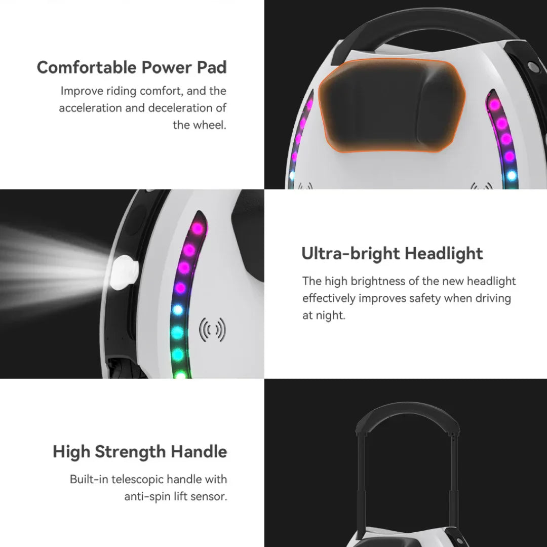 Electric unicycle KingSong 18L – three close-ups of unicycle features