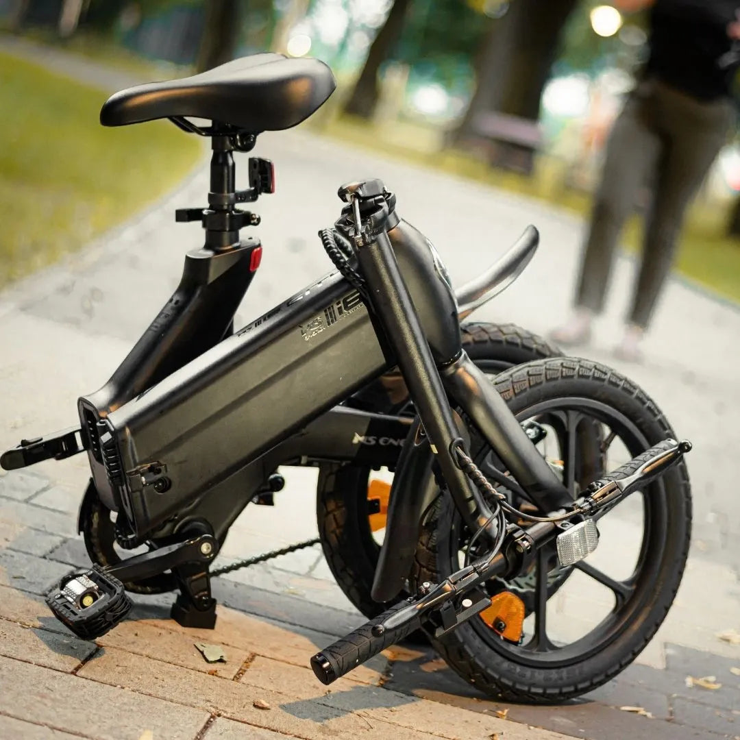 Electric Bike Ms Energy Urbanfold I6, compactly folded for easy transport, features sturdy wheels and battery.
