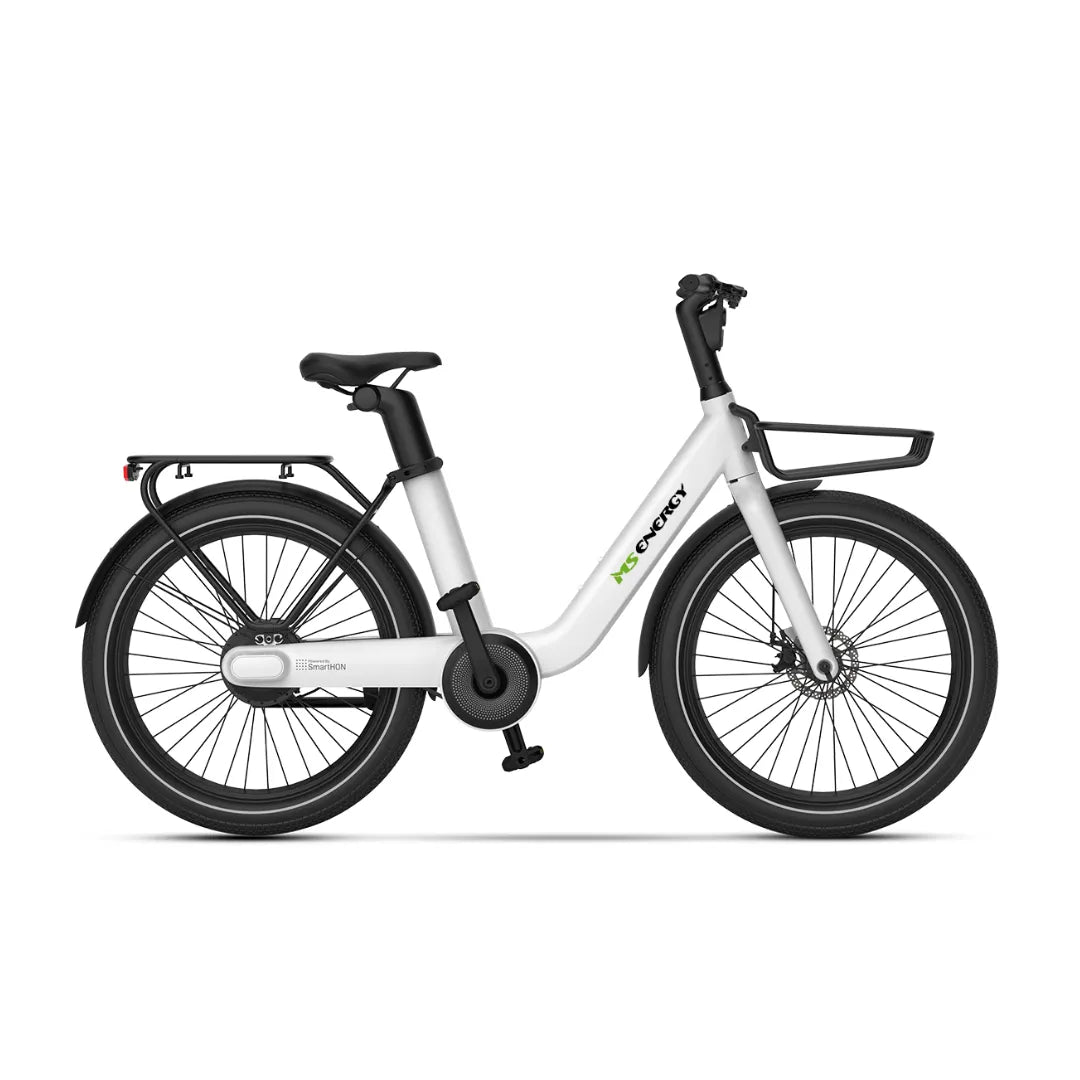 Electric Bike Ms Energy Cityzen C102 features a sleek design, comfortable seat, and practical rear rack for storage.