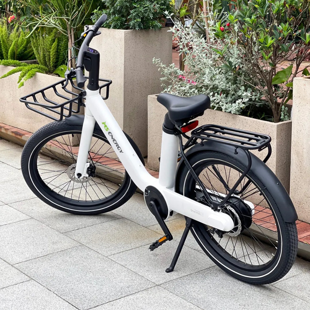 Electric Bike Ms Energy Cityzen C102 features a sleek white frame, comfortable seat, and cargo racks.