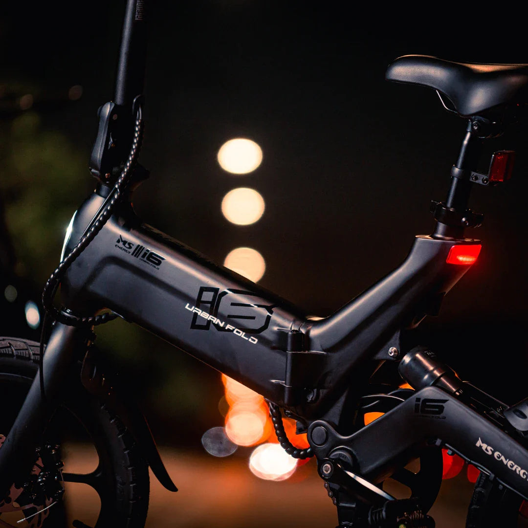 Electric Bike Ms Energy Urbanfold I6 features a sleek black frame, compact design, and integrated lighting.