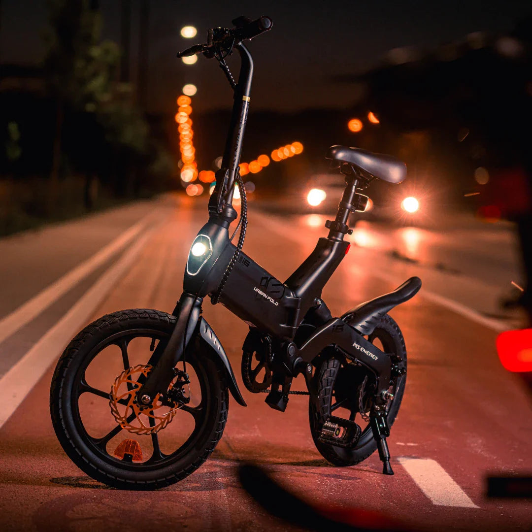 Electric Bike Ms Energy Urbanfold I6 features a sleek design, compact frame, and bright front light for nighttime rides.