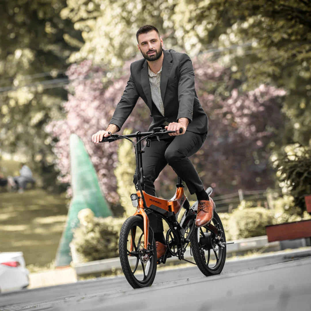 Electric Bike Ms Energy I20, stylish design with orange frame, suitable for commuting or leisure rides.