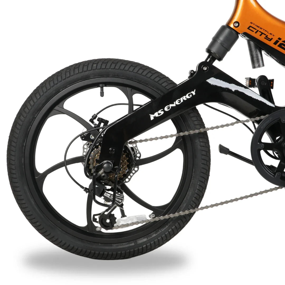 Electric Bike MS Energy I20 features a sleek black frame, stylish wheels, and advanced drivetrain components.