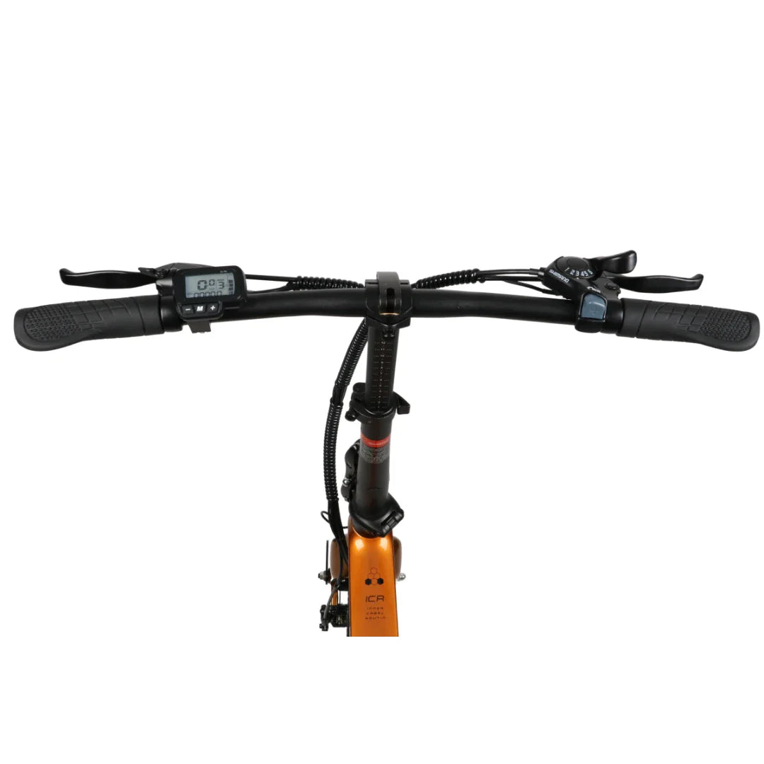 Electric Bike Ms Energy I20 features a sleek handlebar with an LCD display, gear shifters, and ergonomic grips.
