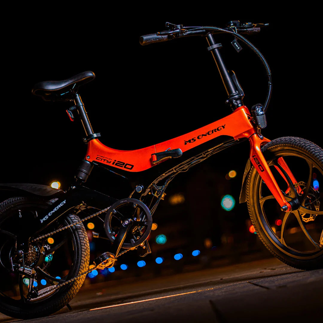 Electric Bike MS Energy I20 features a sleek design with an eye-catching red and black color scheme, perfect for urban commuting.