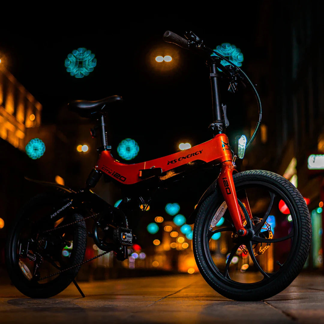 Electric Bike Ms Energy I20 in vibrant red, compact design, sleek wheels, perfect for urban commuting.