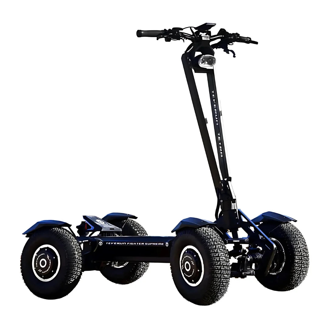 Electric Scooter Teverun Tetra 4x4 features a robust design with wide off-road tires, sturdy frame, and bright headlight.