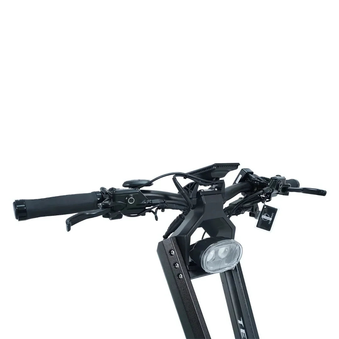 Electric Scooter Teverun Tetra 4x4 features a sleek handlebar design, sturdy grips, and a front headlight.