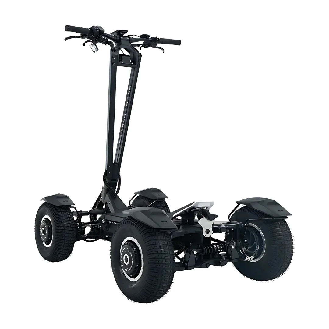 Electric Scooter Teverun Tetra 4x4 features a robust frame, four large tires, and a sleek black design.