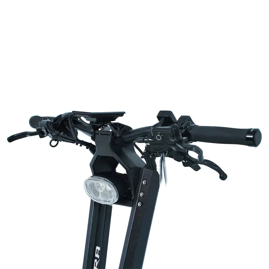 Electric Scooter Teverun Tetra 4x4 features a sleek handlebar with controls, LED headlight, and sturdy grips.