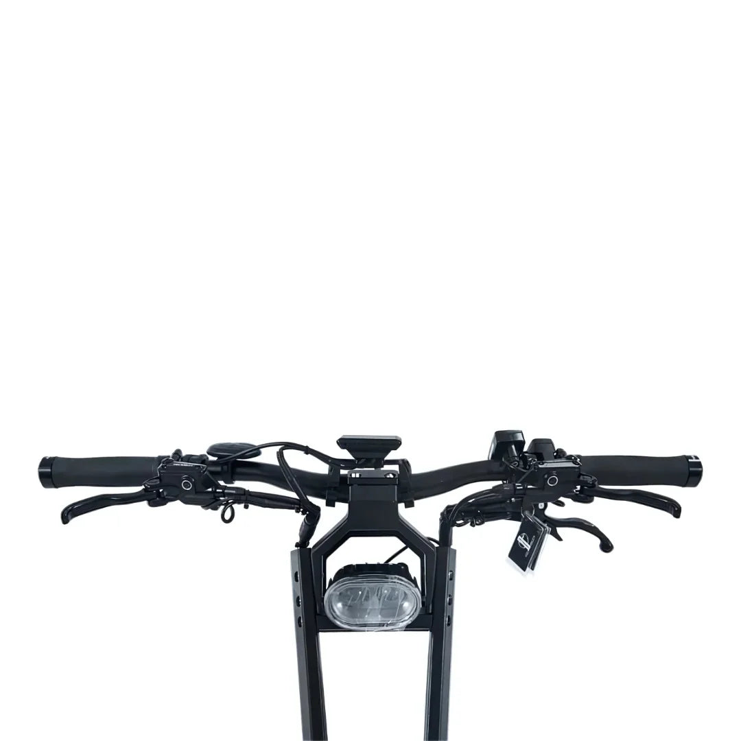 Electric Scooter Teverun Tetra 4x4 features a sleek black design, robust handlebars, headlights, and controls.