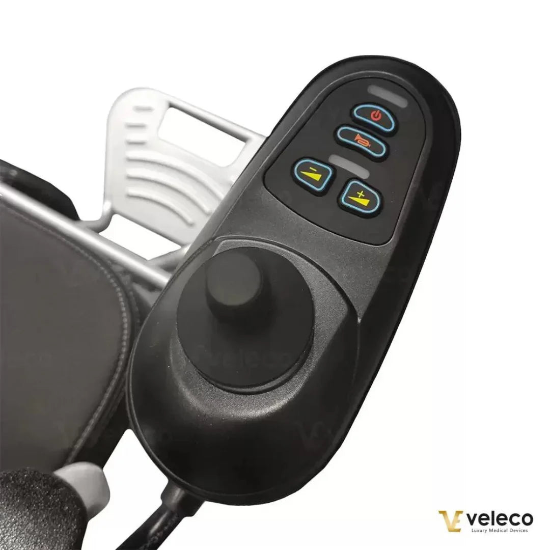 Electric Wheelchair Veleco Cosmo features a user-friendly joystick control with multiple buttons for easy operation.