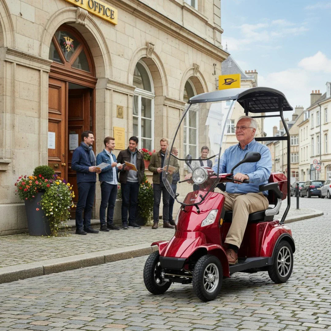 Veleco Faster – man driving red scooter with canopy