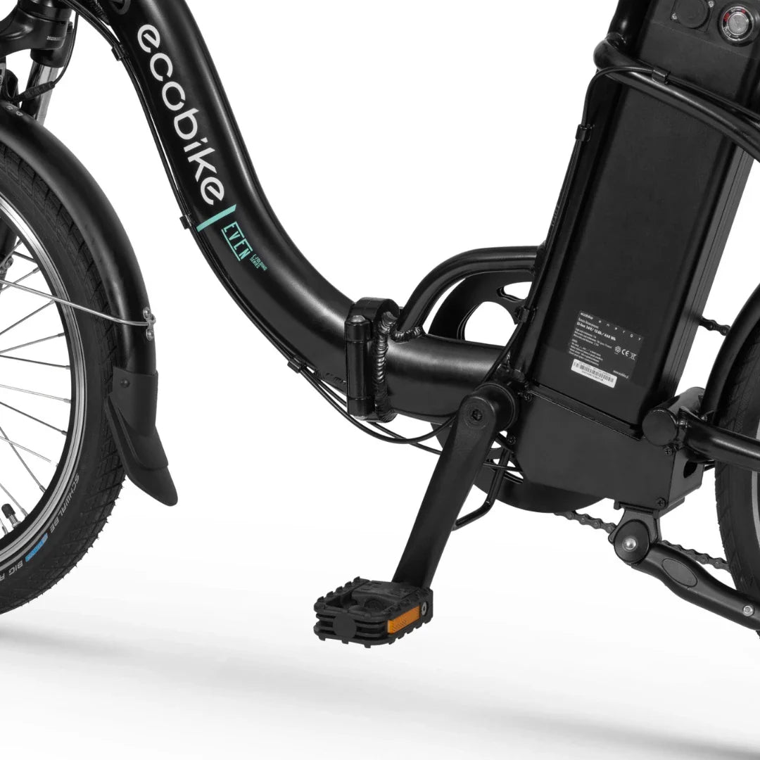 Electric Bike Ecobike Even features a sleek black frame, integrated battery, and sturdy pedals for enhanced riding.