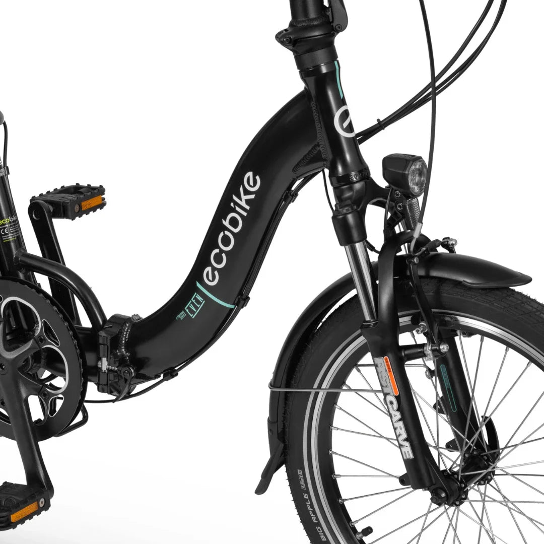 Electric Bike Ecobike Even features sleek black design, durable frame, compact size, and front suspension.
