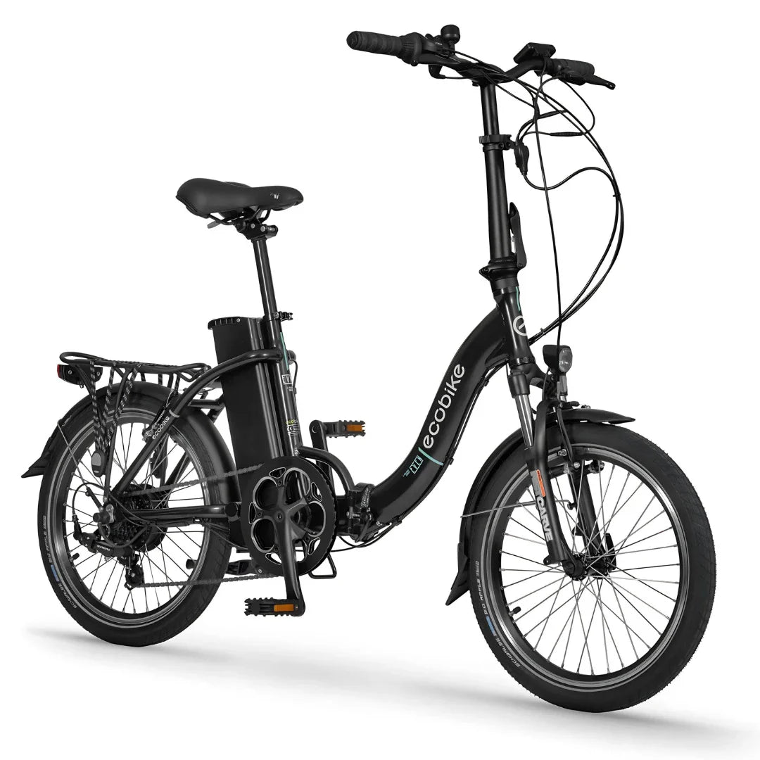 Electric Bike Ecobike Even features a sleek, compact design with a black frame, removable battery, and folding capability.