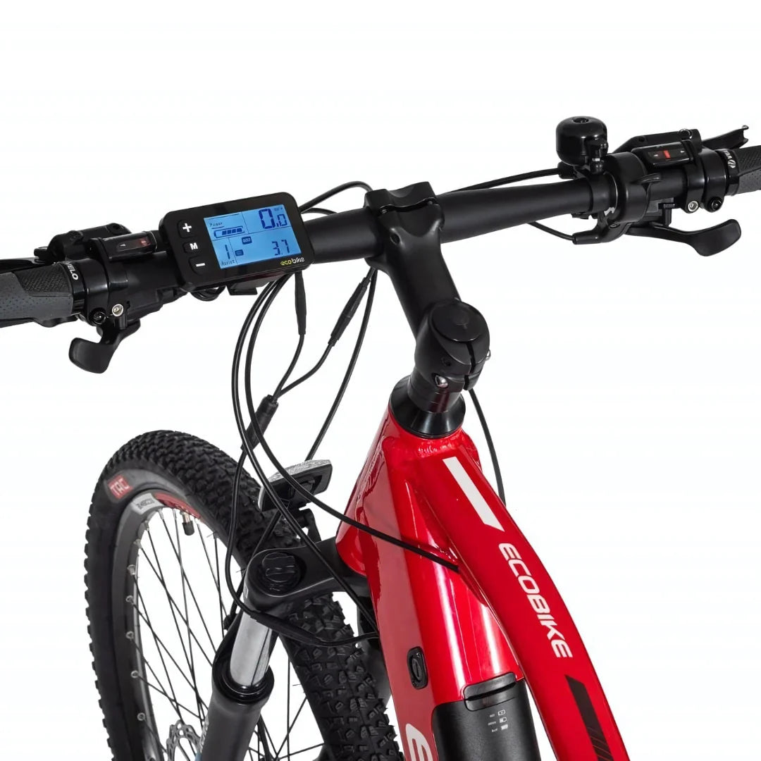 Electric Bike Ecobike Sx features a vibrant red frame, advanced handlebar display, and durable tires.