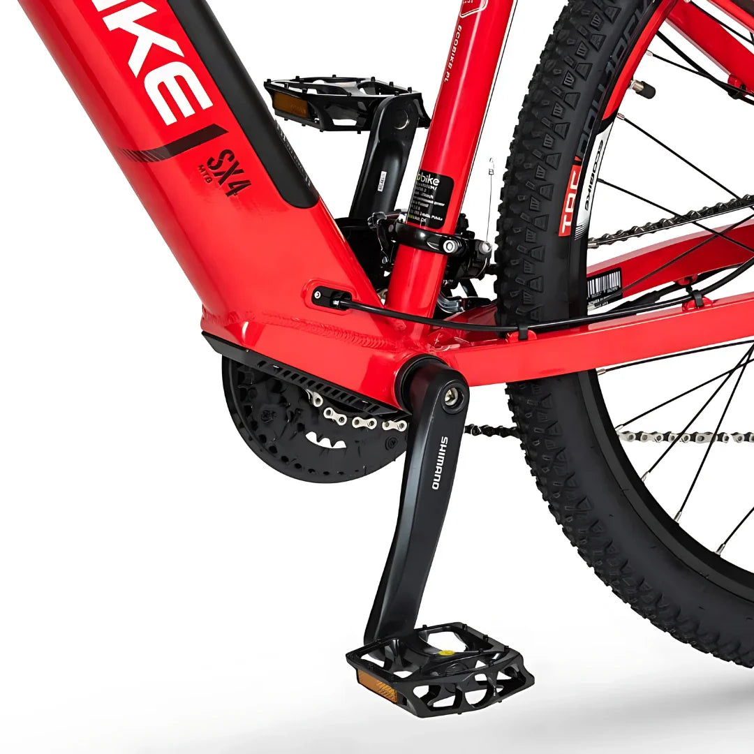 Electric Bike Ecobike Sx 4 features a sleek red frame, Shimano crankset, sturdy pedals, and rugged tires.