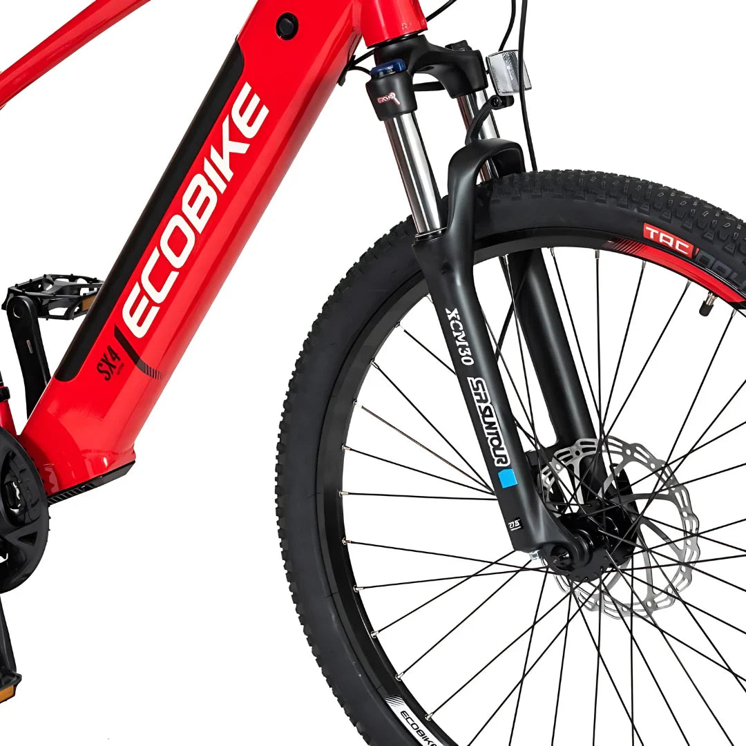 Electric Bike Ecobike SX4 features a sleek red frame, sturdy front suspension, and rugged tires for off-road adventures.