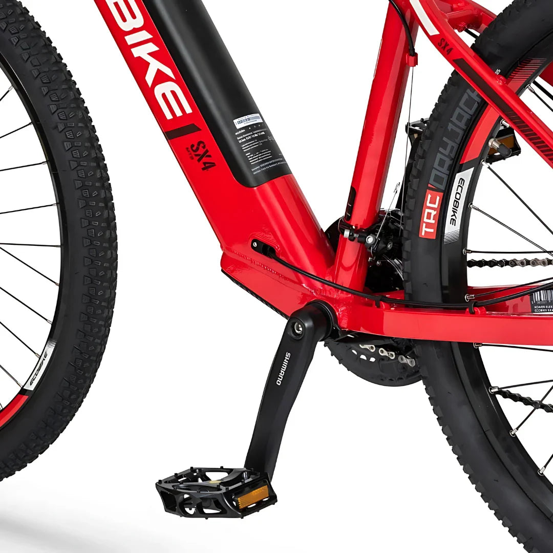 Electric Bike Ecobike SX4 features a sleek red frame, Shimano pedal, and robust tires designed for performance.