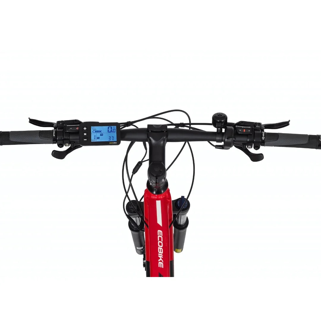 Electric Bike Ecobike Sx features a sleek red frame, adjustable handlebar, and a digital display for tracking.
