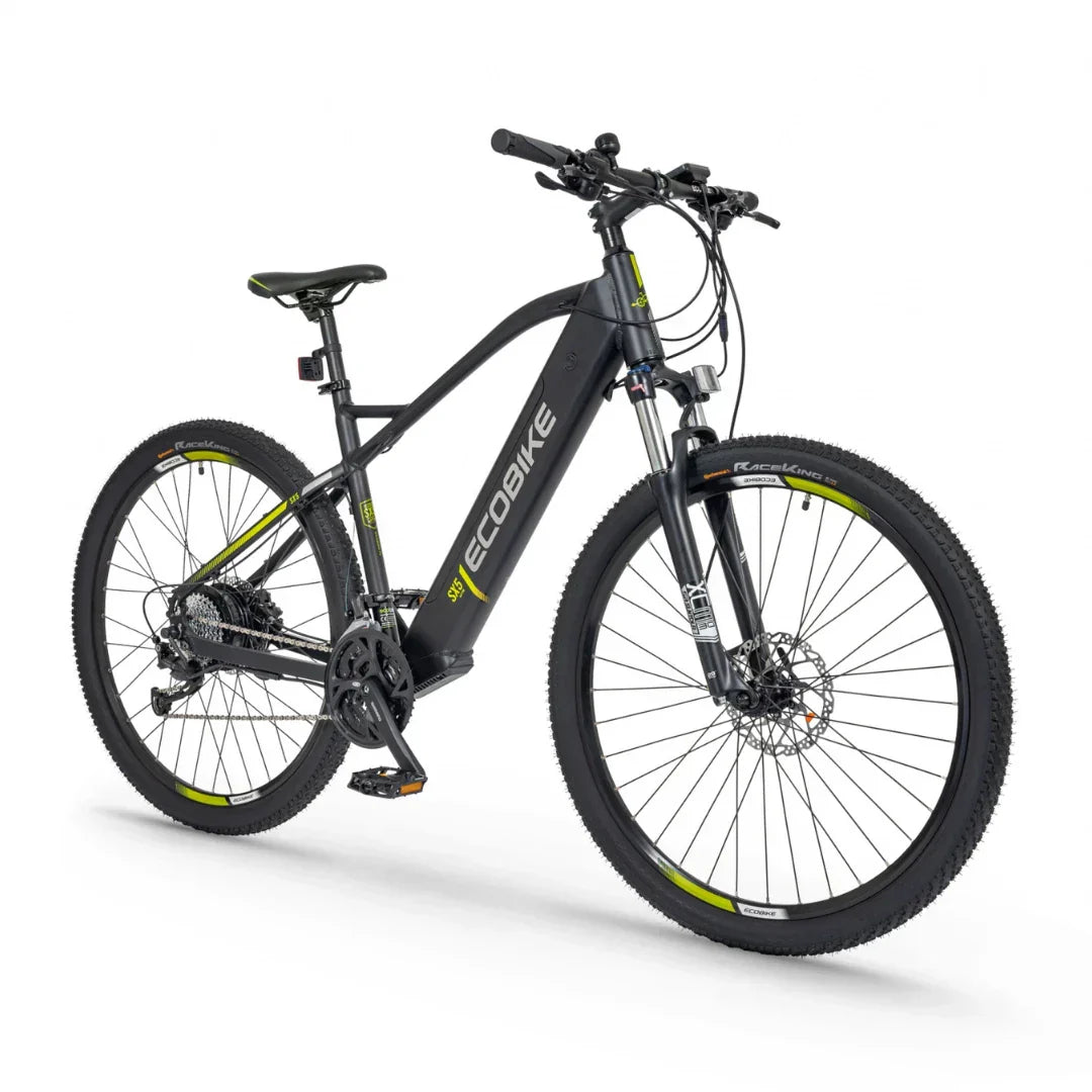 Electric Bike Ecobike Sx features a sleek black design, durable tires, and advanced suspension for smooth rides.