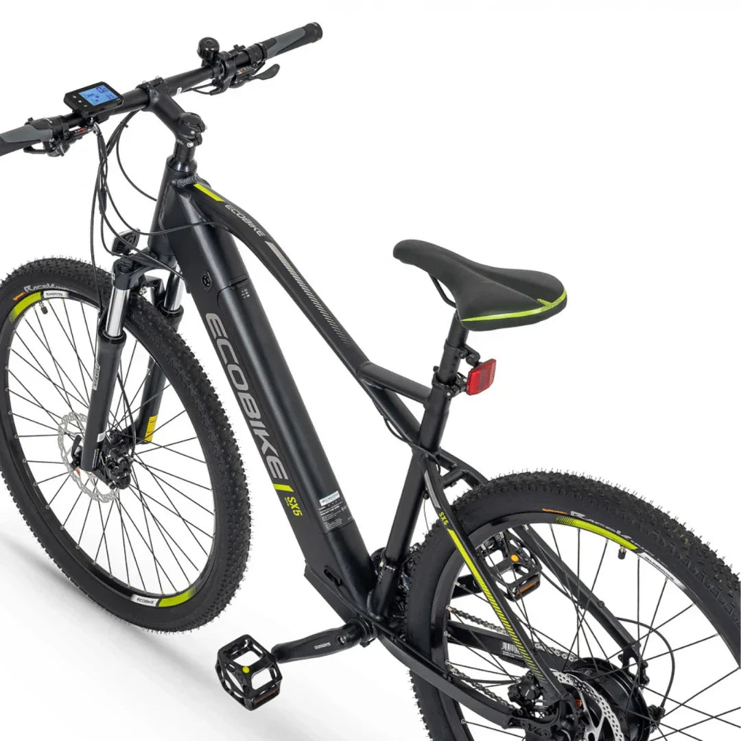 Electric Bike Ecobike Sx 5 features a sleek black frame, rugged tires, and an advanced digital display.