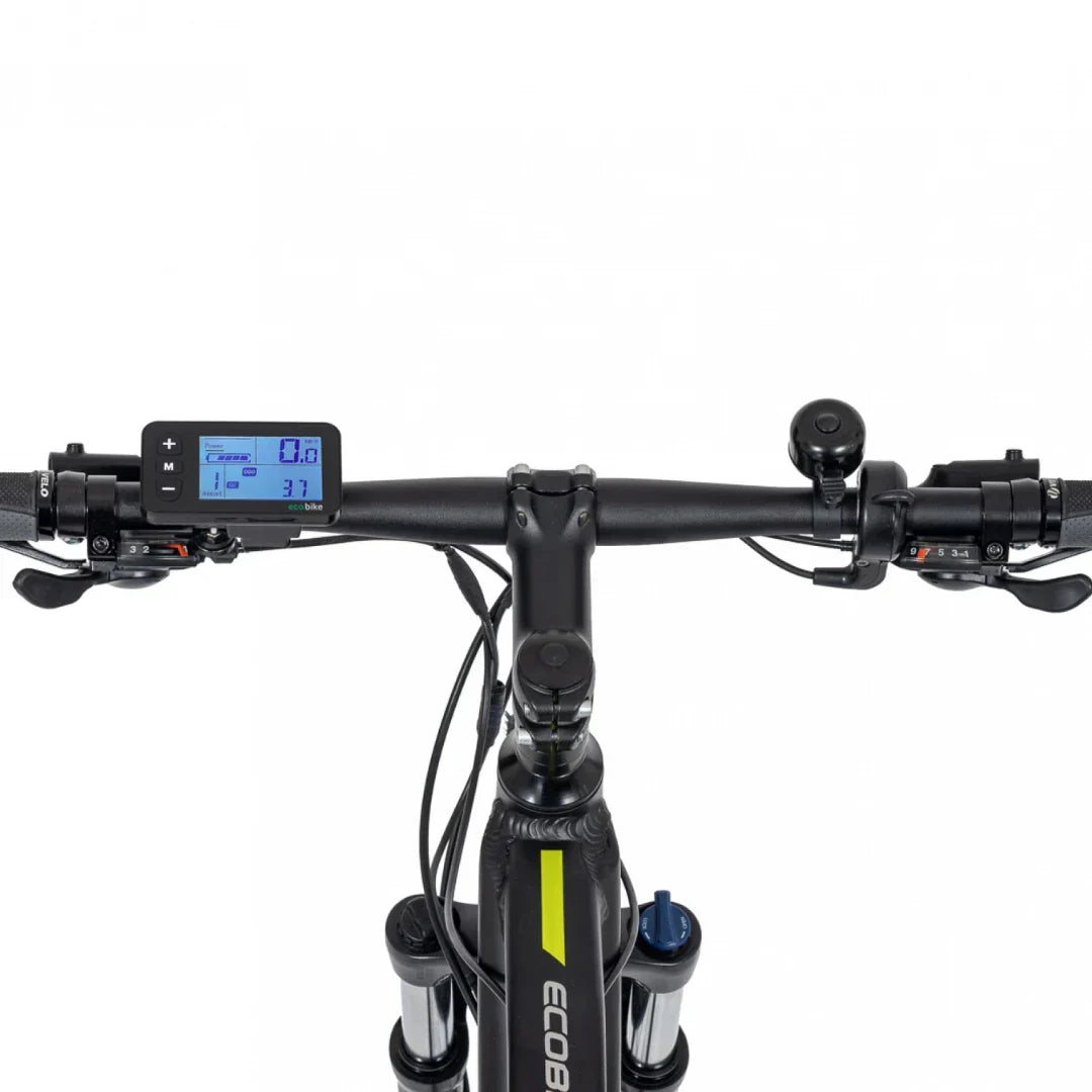 Electric Bike Ecobike Sx features a sleek handlebar with an LCD display, throttle controls, and a bell.