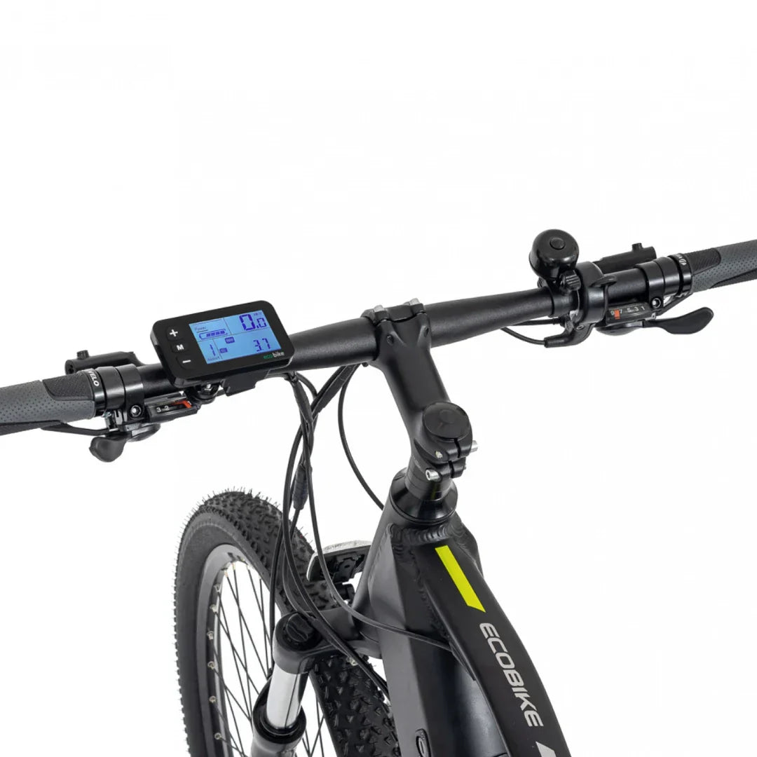 Electric Bike Ecobike Sx features a sleek display on handlebars showing speed, battery life, and distance.
