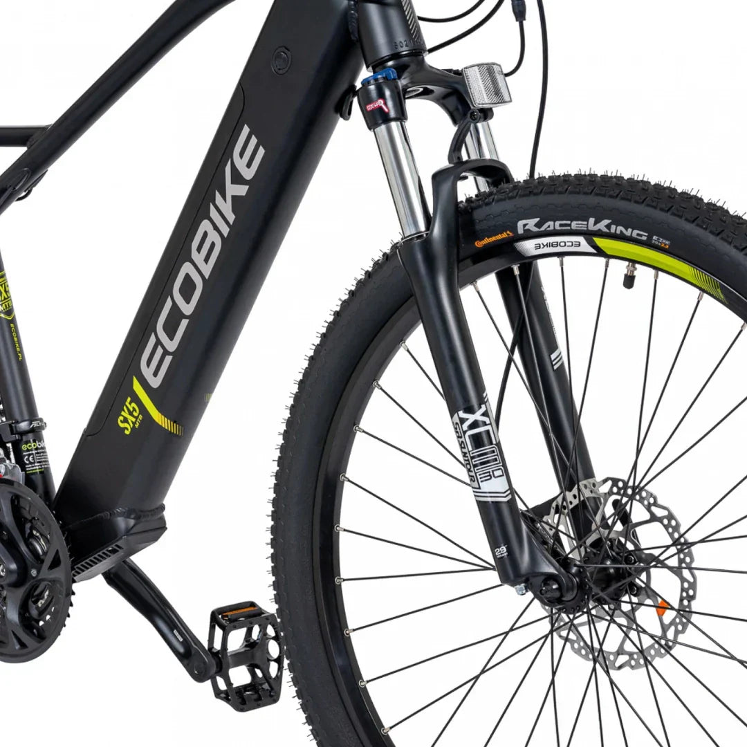 Electric Bike Ecobike SX 5 features a robust black frame, high-quality suspension forks, and sturdy tires.