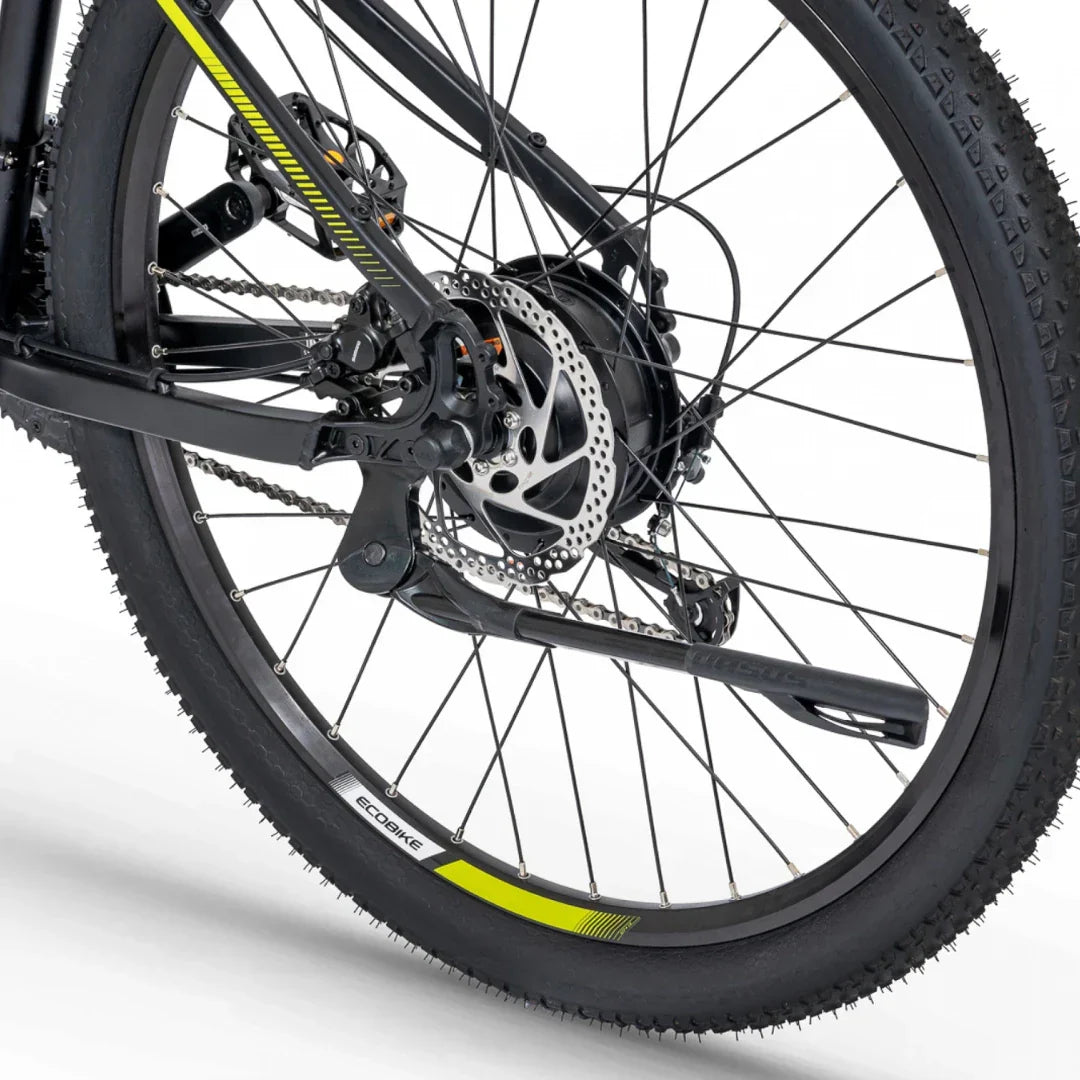 Electric Bike Ecobike Sx features a robust wheel design with a powerful hub motor, disc brakes, and durable tires.