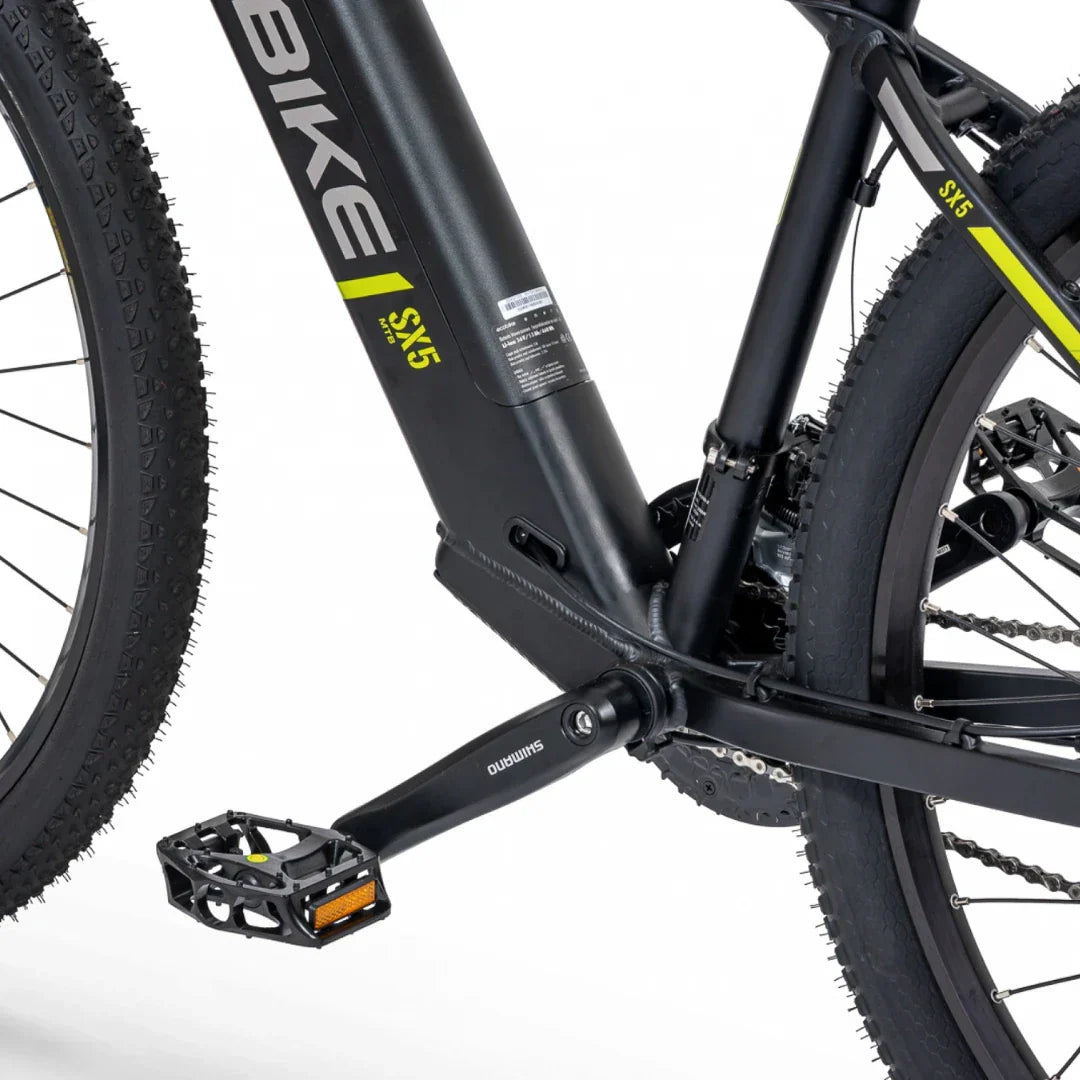 Electric Bike Ecobike SX 5 features a sleek black frame, Shimano pedals, and robust tires for durability.