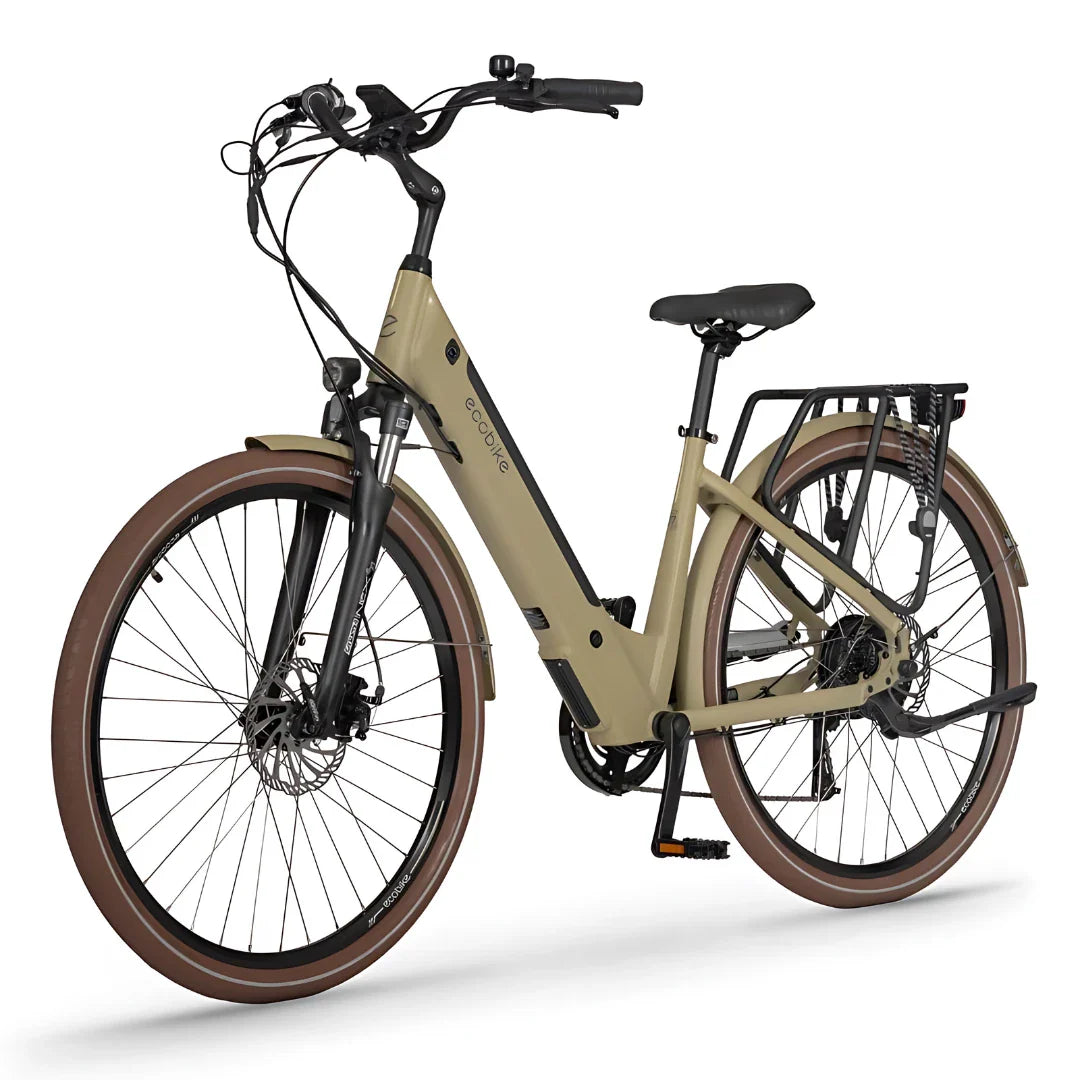 Electric Bike Ecobike X City features a sleek design, sturdy frame, comfortable seating, and stylish brown tires.