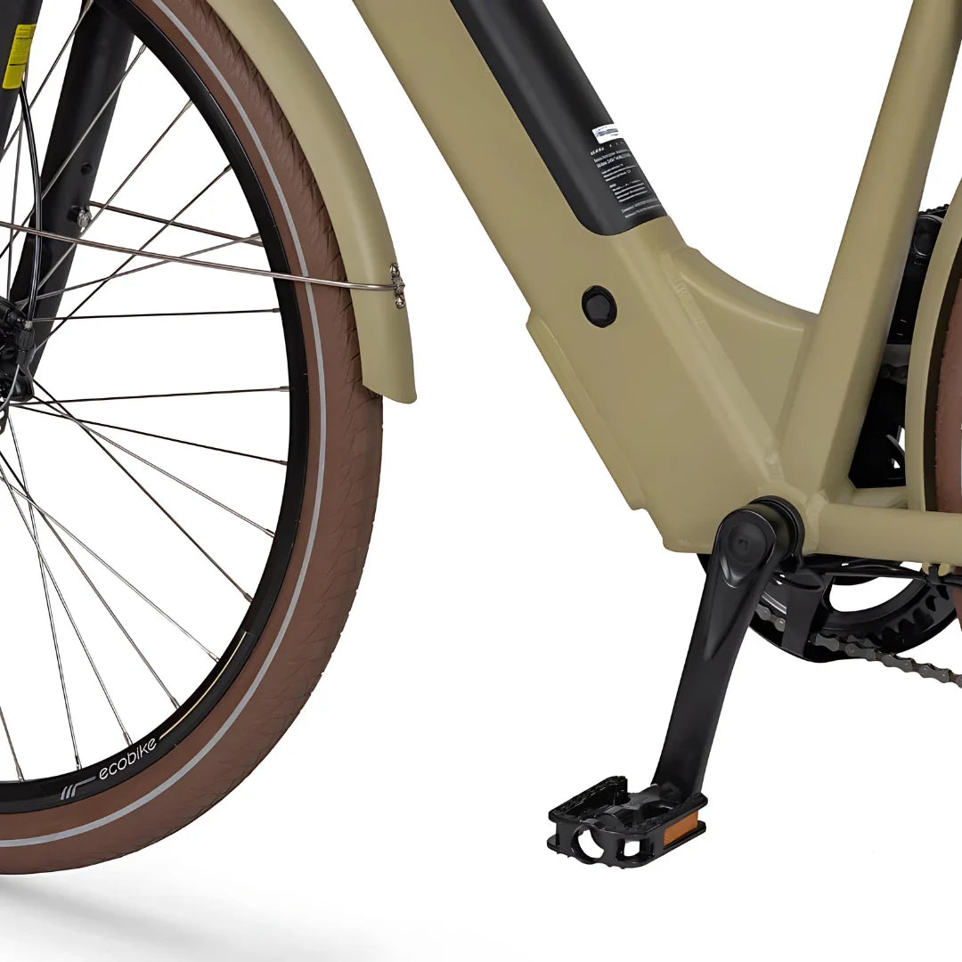 Electric Bike Ecobike X City features a sleek design with a sturdy frame, brown tires, and a functional kickstand.