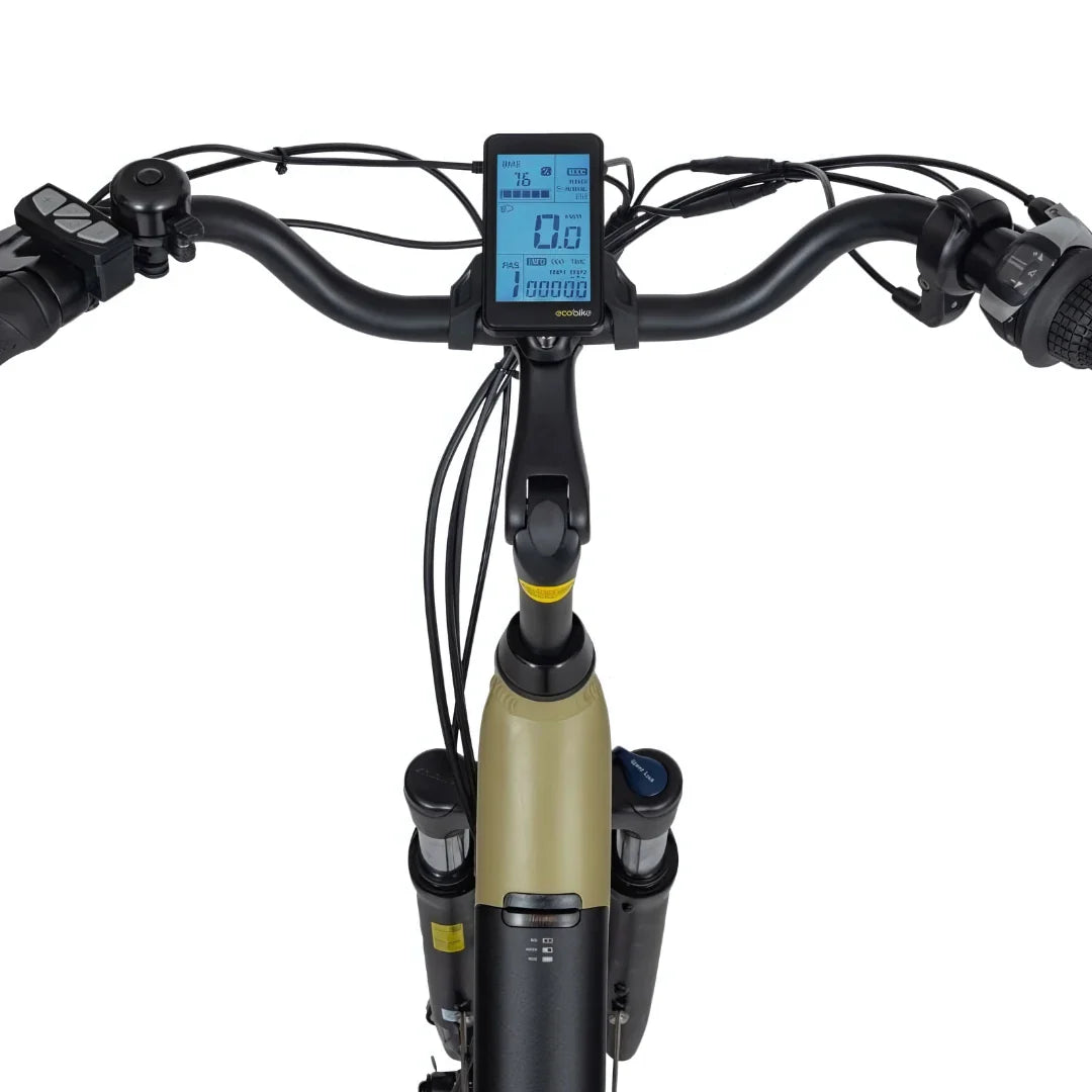 Electric Bike Ecobike X City features a sleek handlebar design with an informative display, perfect for urban commuting.