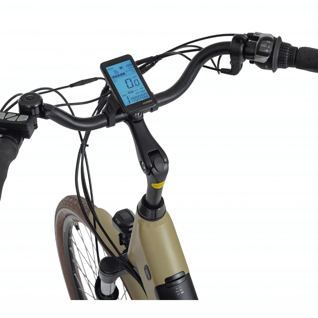 Electric Bike Ecobike X City, features a digital display showing speed, distance, and battery status, ideal for commuting.