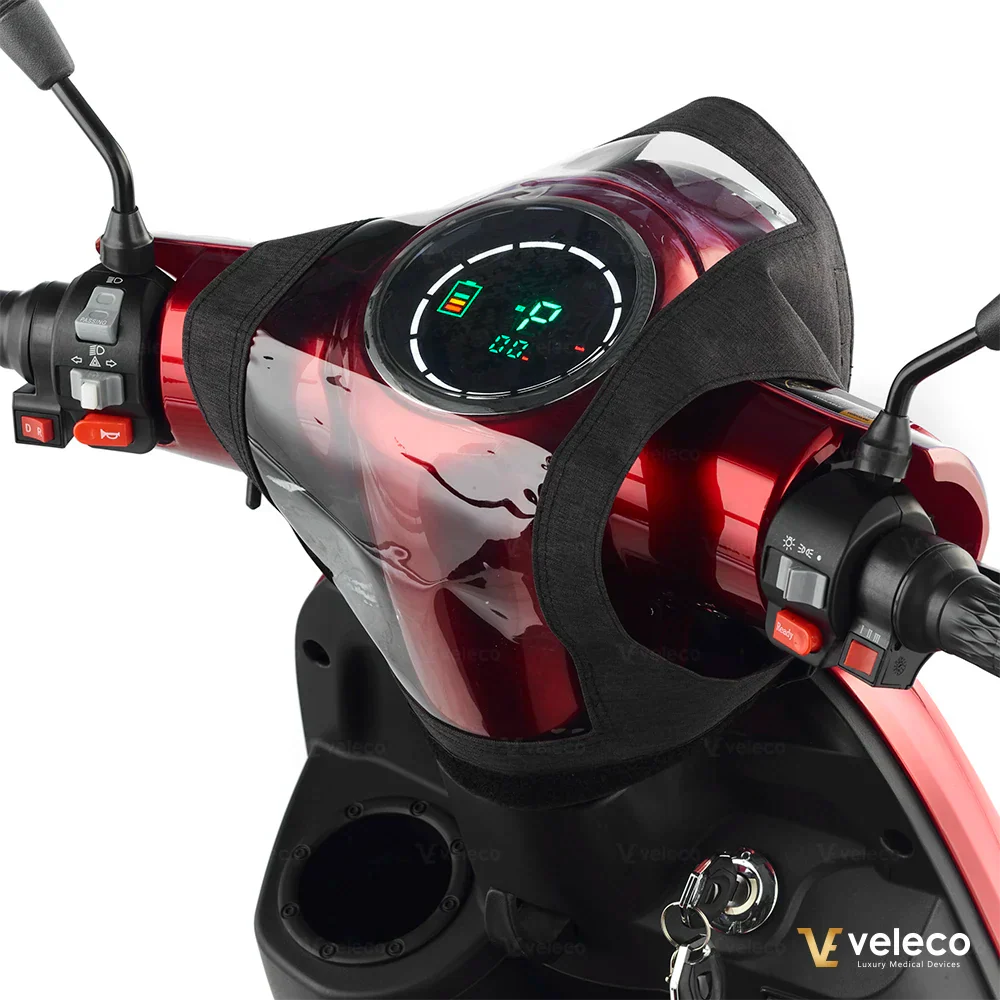 Waterproof display cover for mobility scooters – cover on scooter display, front view
