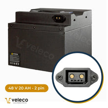 48V 20Ah Li-Ion Battery for Veleco Draco and Turris (2-pin) – black battery pack with 2-pin connector detail