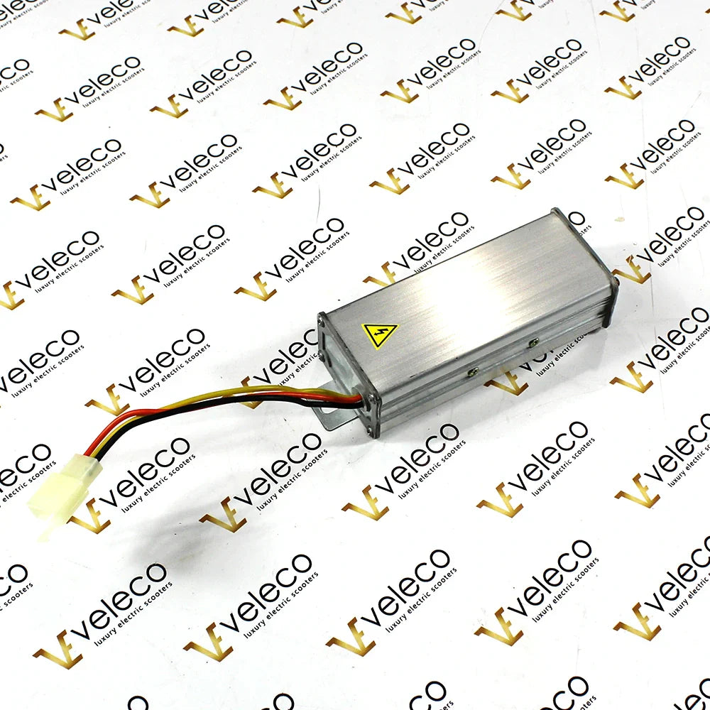 Long Converter for Veleco Advena – silver converter with wires and warning symbol