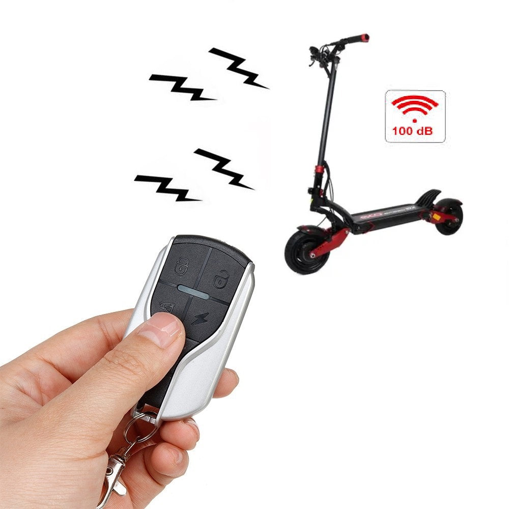 Alarm System for ECO Speed Electric Scooter – hand holding remote, scooter in background