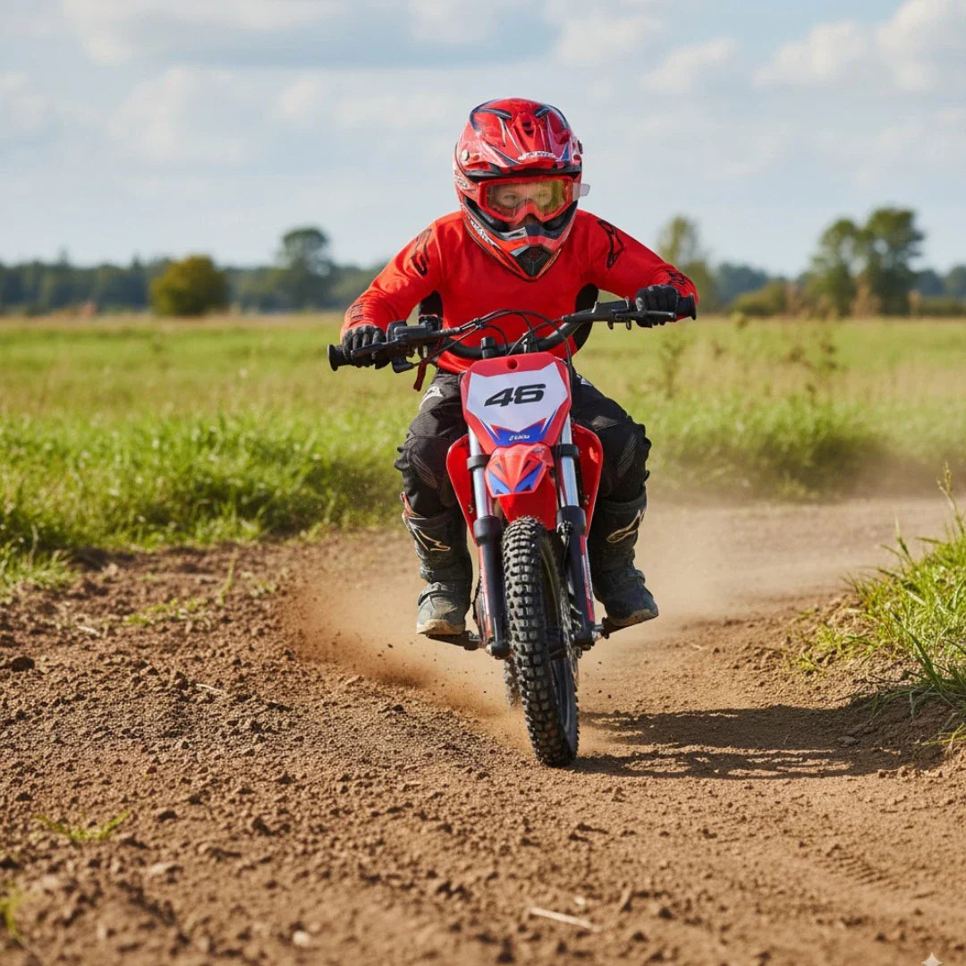 APOLLO Olala SX-E500 – child riding towards camera on dirt track