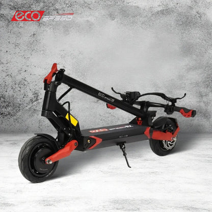 Electric Scooter Eco Speed 9x features a sleek folding design, durable black and red construction, and robust wheels.