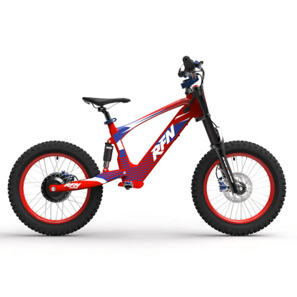 Electric Bike Apollo Evo Racing 18 features a sleek red and blue design, sturdy frame, and thick tires.