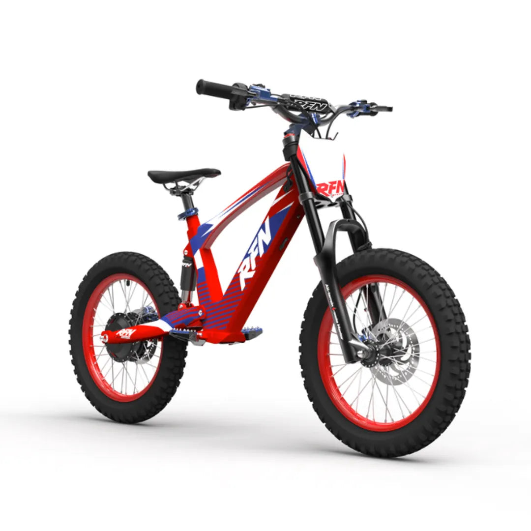 Electric Bike Apollo Evo Racing 18, sleek red and blue design, oversized tires, off-road capabilities.