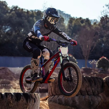 Electric Bike Apollo Evo Racing 18, rider performing a jump, vibrant design, off-road terrain, sporty outfit.
