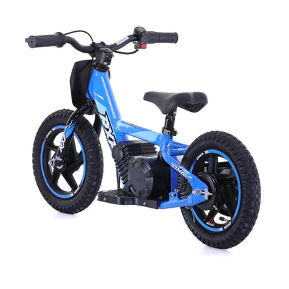 Electric Bike Apollo Sedna 12 Rxf features a vibrant blue frame, chunky tires, and a small electric motor.